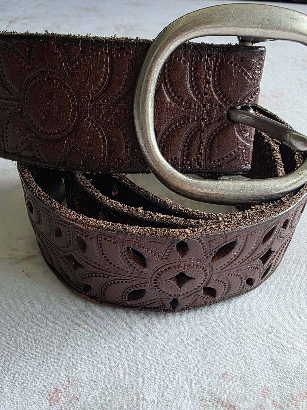 Fossil Brown Floral Cutout Leather Belt with Silver Buckle